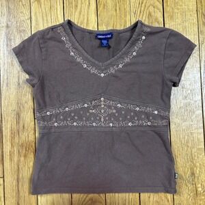Y2K Limited Too Girls Brown Embellished V Neck Short Sleeve T Shirt Size 10